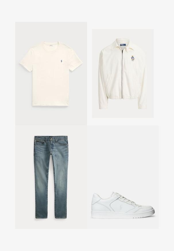 Witte jas met ritssluiting en kraag, zijzakken, elastische zoom en een klein geborduurd beertje met een blauwe jas op de borst.; Crème-kleurig katoenen t-shirt met een ronde hals en korte mouwen. Heeft een klein blauw geborduurd logo op de linkerborst.; Blauwe denim jeans met rechte pijpen, voorzakken, riemlussen en knoopsluiting.; Witte leren sneaker met een gladde textuur, voorzien van een geperforeerde neus, vetersluiting en geborduurde logo aan de zijkant. Witte rubberen zool.