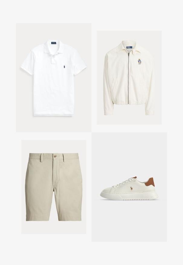 Hvid jakke med lynlås, krave, sidelommer, elastisk kant og lille broderet bjørn med blå jakke på brystet.; Hvid polo t-shirt med korte ærmer, krave, to-knaps lukning og lille mørkeblå logo på venstre bryst.; Beige knælange shorts med bæltestropper, knaplukning og lynlås, vist mod en hvid baggrund.; Hvid lavtopsneaker med brunt hæltab, snørebånd foran, tyk sål og lille broderet hestelogo på siden.