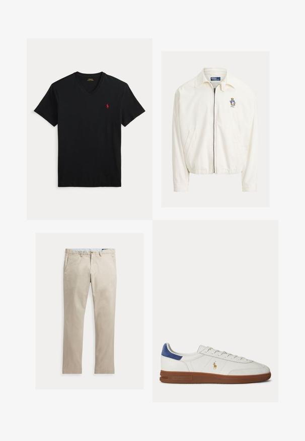 Weiße Jacke mit Reißverschluss und Kragen, Seitentaschen, elastischem Saum und kleinem besticktem Bären mit blauer Jacke auf der Brust.; Schwarzes T-Shirt mit V-Ausschnitt und kurzen Ärmeln sowie kleinem rotem Polo Ralph Lauren Logo auf der linken Brust.; Beige Baumwollhose mit geradem Bein, Fronttaschen, Gürtelschlaufen, Knopfverschluss und Reißverschluss, flach auf weißem Hintergrund dargestellt.; Weißer Low-Top Sneaker mit brauner Sohle, blauem Fersenlasche, Schnürsenkeln und goldenem Polo Ralph Lauren Logo an der Seite.