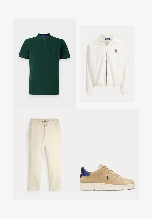 White zip-up jacket with collar, side pockets, elastic hem, and small embroidered bear wearing a blue jacket on the chest.; Dark green short-sleeve polo shirt with collar, two-button placket, and small red embroidered logo on the left chest.; Off-white casual pants with elastic waistband and drawstring, straight legs, and side pockets against a plain background.; Beige suede sneaker with navy blue heel tab and logo, white sole, lace-up design, and Polo player embroidery on the side.