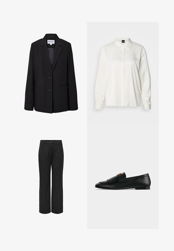 Blazer noir ajusté avec deux boutons, revers à encoche, poches passepoilées devant et étiquette intérieure visible indiquant "PIECES.".; Chemise blanche à manches longues en tissu lisse, avec un col classique, une boutonnière à l'avant et des poignets boutonnés, offrant une coupe décontractée.; Pantalons larges noirs en tissu lisse, avec une fermeture à bouton et des plis pour une apparence soignée.; Mocassin en cuir noir avec un rabat avant à franges et une petite boucle dorée sur un fond gris clair uni.