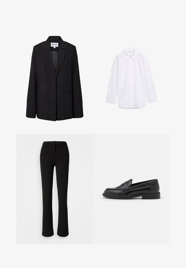 Zwarte getailleerde blazer met twee knopen, notched revers, voorste paspelzakken en een zichtbaar binnenlabel met de tekst "PIECES.".; Witte blouse met lange mouwen van stof, met een klassieke kraag, knoopsluiting aan de voorkant en een ronde zoom. Gladde textuur met minimale details.; Zwarte broek gemaakt van een gladde stof, met een recht model, voorzakken en een standaard tailleband met een riemlus.; Zwarte leren loafers met een gladde textuur, ronde neus, gestikte details op de bovenkant en een lage, platte rubberen zool.