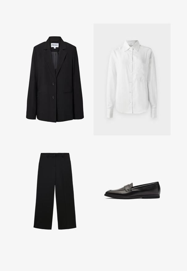 Zwarte getailleerde blazer met twee knopen, notched revers, voorste paspelzakken en een zichtbaar binnenlabel met de tekst "PIECES.".; Witte langemouwen overhemd met knopen, gemaakt van gladde stof, heeft een puntige kraag, borstzak en knoopmanchetten voor een nette uitstraling.; Zwarte wide-leg broek van lichtgewicht stof, met een knoopsluiting, voorkeurszakken en een nette, op maat gemaakte afwerking.; Zwarte leren instapper met een gladde afwerking, ronde neus en dubbele stiksels op de bovenkant. Platte rubberen zool voor comfort.
