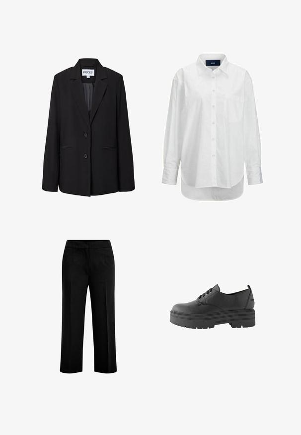 Americana negra entallada con dos botones, solapas de muesca, bolsillos frontales de vivo y una etiqueta interior visible que pone "PIECES.".; Camisa blanca de manga larga en algodón suave con cuello abotonado, bolsillo frontal y dobladillo curvado. Cuenta con un canesú en la parte posterior para mayor estructura.; Pantalones anchos y negros fabricados en un tejido suave, con dos bolsillos delanteros y una cinturilla plana. Diseño ajustado con una silueta limpia.; Next WIDE FIT FOREVER COMFORT CHUNKY - Zapatos de vestir - mottled black