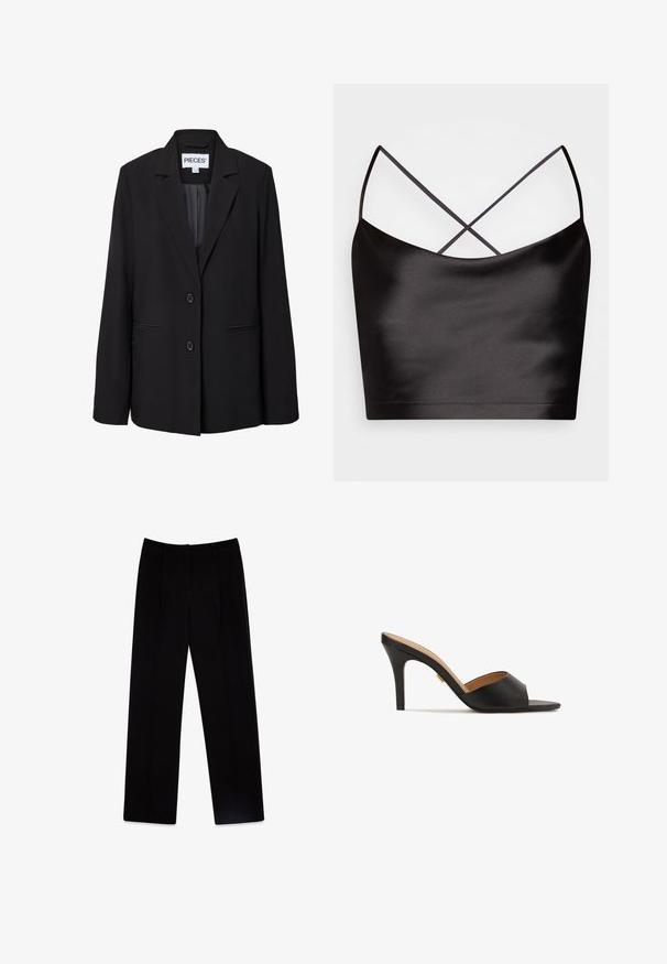 Sort, skræddersyet blazer med to knapper, notched revers, forreste paspolerede lommer og synligt indermærke med teksten "PIECES.".; Even&Odd by Zalando Top - black; Sorte skræddersyede bukser lavet af vævet stof. Har et snit med lige ben, to frontfolder og en glat, mat tekstur.; Sorte åbne højhælede mules med en glat læderoverdel, mandelformet forparti og en slank stilettohæl. Detaljer i guldfarve er synlige.