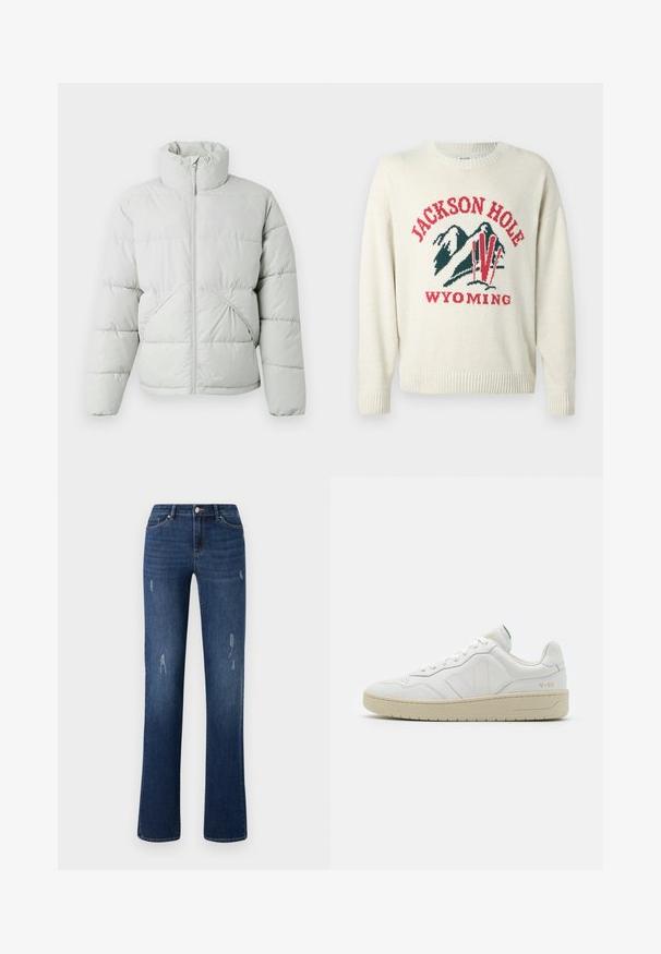 Only & Sons ONSPACK LIFE PUFFER JACKET - Zimná bunda - vapor blue; Svetloružový sveter s hrubou pletenou textúrou. Obsahuje grafický dizajn s textom "JACKSON HOLE" a "WYOMING" v červenej a zelenej farbe. Okrúhly výstrih.; ONLY ONLWAUW MID WAIST - Slimfit džínsy - dark blue denim; Biele kožené tenisky s textúrovaným povrchom a polstrovaným golierom. Majú béžovú gumovú podrážku a diskrétne značenie na päte a boku.