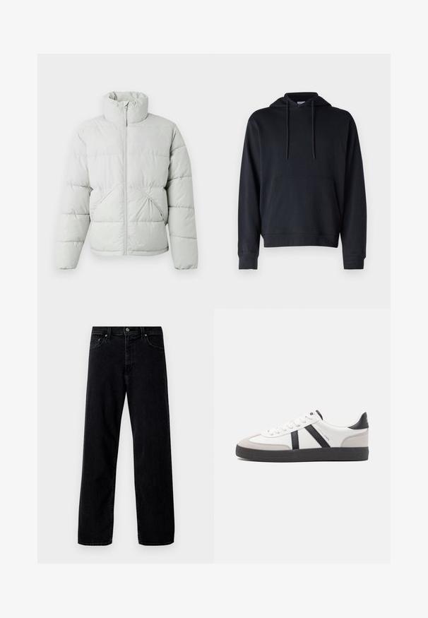 Only & Sons ONSPACK LIFE PUFFER JACKET - Talvejope - vapor blue; Must sõbralik puuvillase riide segu, millel on känguru tasku, reguleeritavad nöörid ja ribakäised ning -äär. Lihtne disain.; Hollister Co. Baggy fit teksad - washed black; Valged tossud mustade ja hallide aktsentidega, tekstureeritud halli varbakattega, musta kummitald ja lamedad valged paelad. Puhtad jooned, minimalistlik stiil.