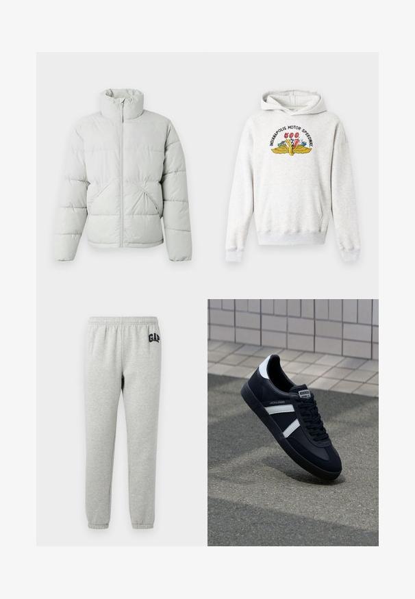 Only & Sons ONSPACK LIFE PUFFER JACKET OTW VD - Winterjacke - vapor blue; Grauer Kapuzenpullover aus weicher Baumwollmischung. Mit einer Fronttasche, gerippten Bündchen und einem bunten Logo des Indianapolis Motor Speedway auf der Brust.; Graue Jogginghose mit elastischem Bund, abgeklebten Knöcheln und einem dunkelblauen "GAP"-Logo auf dem linken Oberschenkel. Weicher Baumwollmischstoff.; Schwarze Leder-Sneaker mit weißen Streifen, strukturiertem Gummisohle und Schnürung. Verfügt über ein Markenetikett auf der Zunge.