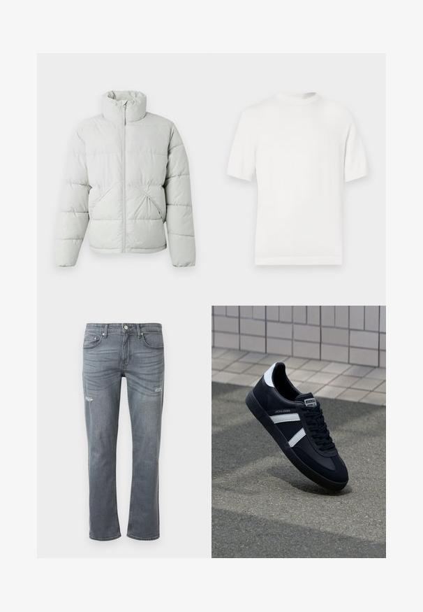Only & Sons ONSPACK LIFE PUFFER JACKET - Vinterjakker - vapor blue; Hvid kortærmet strik t-shirt med rund halsudskæring, der har en glat overflade og ribbede detaljer ved kraven og kanten.; Grå denim jeans med rett ben design, let slid ved knæene og traditionel fem-lomme stil. Knaplukning i taljen.; Sort lædersneaker med hvide striber, tekstureret gummisål og snørrebånd foran. Har et brandet mærke på tungen.