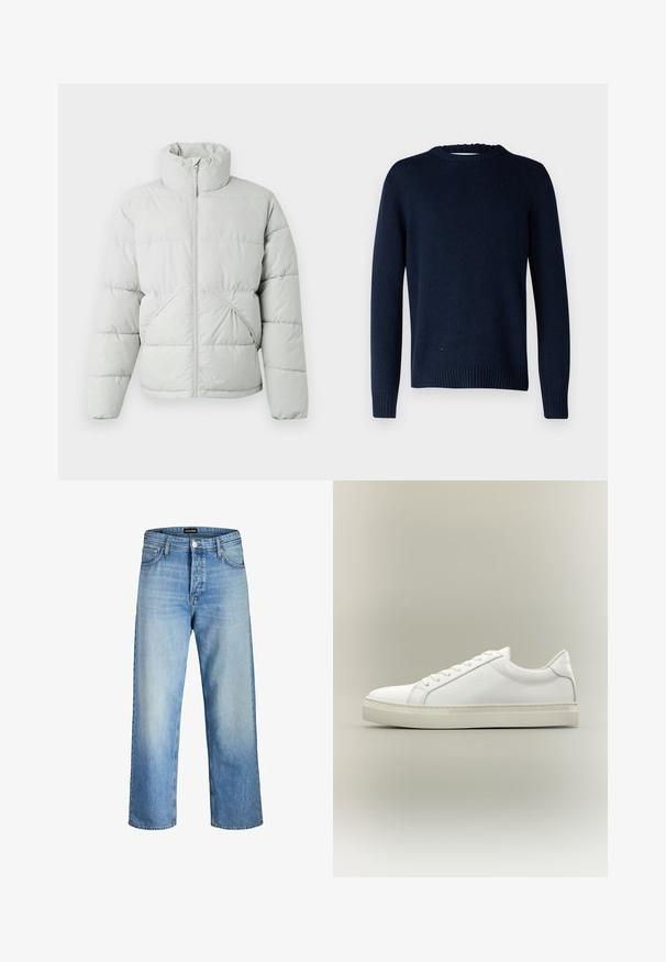 Only & Sons ONSPACK LIFE PUFFER JACKET - Talvejope - vapor blue; Selected SLMCODY LS KNIT CREW NECK NOOS - Džemper - sky captain; Heledad denimist valmistatud helesinised teksad lõdva istuvusega, millel on kõrge vöökoht, esi-taskud ja sirge jalgade lõige, rõhutades peent tuhmumist.; Valge madala säärega toss, ees paeladega ja paksu taldosa, külje pealt neutraalsel taustal.