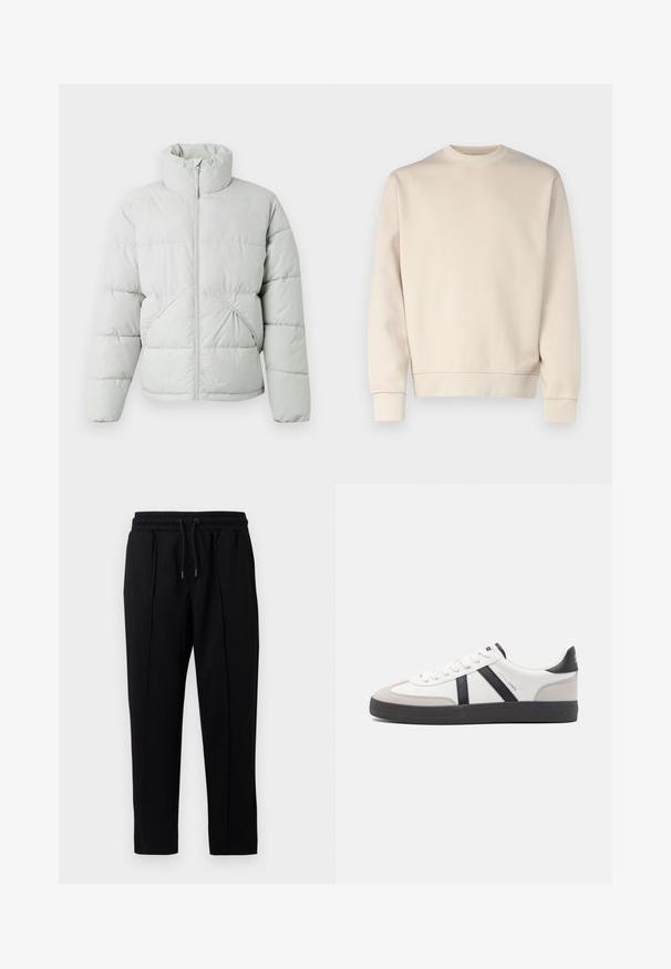 Only & Sons ONSPACK LIFE PUFFER JACKET - Vinterjakker - vapor blue; Lys beige sweatshirt med rund hals, ribbede manchetter og kant. Fremstillet af blødt stof med en glat tekstur. Minimalistisk design uden mønstre.; Sorte træningsbukser med snøre og elastisk talje, præsenteret mod en hvid baggrund.; Hvide sneakers med sorte og grå detaljer, med en tekstureret grå tåhætte, sort gummisål og flade hvide snørebånd. Rent design, minimalistisk stil.
