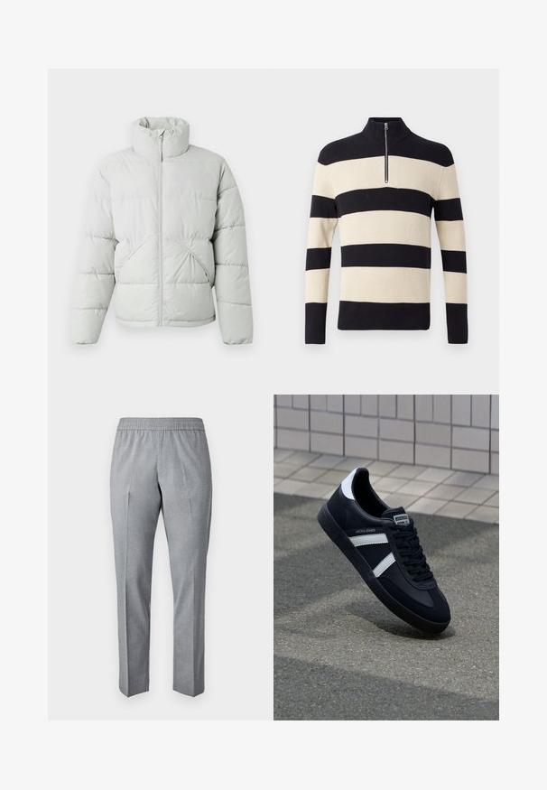 Only & Sons ONSPACK LIFE PUFFER - Talvejope - vapor blue; Mustro mustar ja beez ribatud kudumiga sviiter pikade varrukatega ja lühikese hõbedase tõmbluku kõrgkaeluse juures.; Halli, kootud püksid elastse kummiga, sirge lõikega ja voldiga ees. Kangastekstuuri näeb sile ja kerge.; Must have musta sneaker musta valgete triipudega, tekstuurne kummitald ja nööridega esiosa. Omab bränditud märki keele peal.