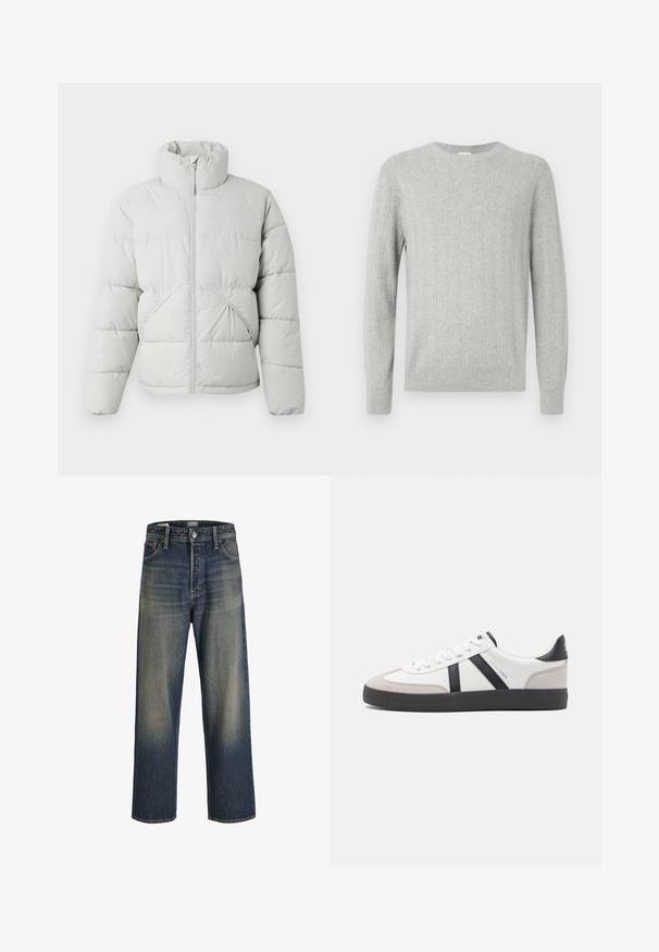 Only & Sons ONSPACK LIFE PUFFER JACKET - Winterjas - vapor blue; Lichtgrijze gebreide trui met ribbelstructuur, ronde halslijn en lange mouwen. Eenvoudig ontwerp, met een rechte zoom en duurzaam materiaal.; Wijde jeans in donkerblauwe denim met een gradientafwerking, voorzien van een knoopsluiting, vijf zakken en gestructureerde stikdetails.; Witte sneaker met zwarte en grijze accenten, voorzien van een grijze neus met textuur, zwarte rubberen zool en platte witte veters. Schoon ontwerp, minimalistische stijl.