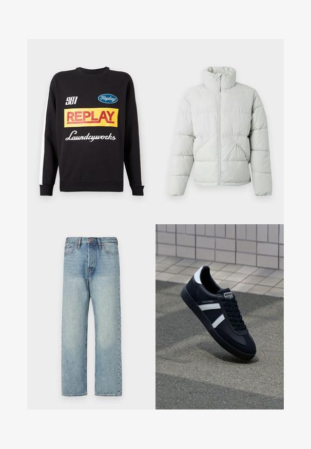 Only & Sons ONSPACK LIFE PUFFER JACKET - Winterjas - vapor blue; Zwarte crewneck sweatshirt met witte strepen op de mouwen, voorzien van kleurrijke "Replay" en "Laundryworks" tekstlogo's aan de voorkant.; Lichtblauwe denim jeans met een rechte pijp, vijf zakken en bronzen hardware. Minimaal vervaagd met een schone afwerking.; Zwarte leren sneaker met witte strepen, een gestructureerde rubberen zool en vetersluiting aan de voorkant. Voorzien van een merklabel op de tong.