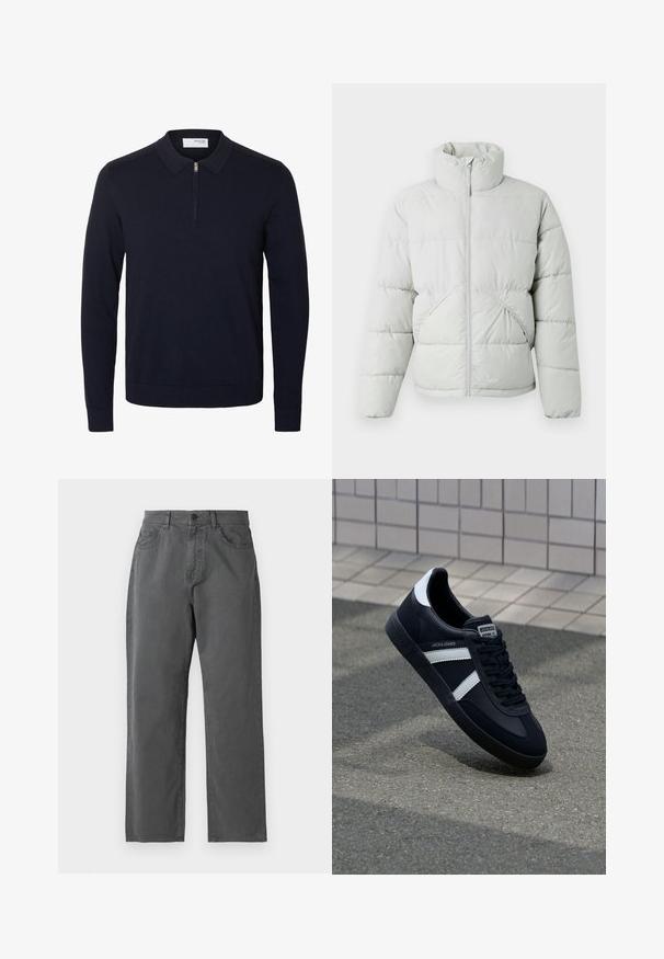Only & Sons ONSPACK LIFE PUFFER JACKET OTW VD - Talvejope - vapor blue; Tumesinine pika varrukaga pullover krae ja lühikese esiosaga tõmblukuga, valmistatud soonikkoes kangast varrukate ja äärega.; Sirged tumedad hallid püksid esitaskute, nööpidega sulgemise, vööaasade ja lukuga esiküljel ühevärvilisel taustal.; Must have musta sneaker musta valgete triipudega, tekstuurne kummitald ja nööridega esiosa. Omab bränditud märki keele peal.