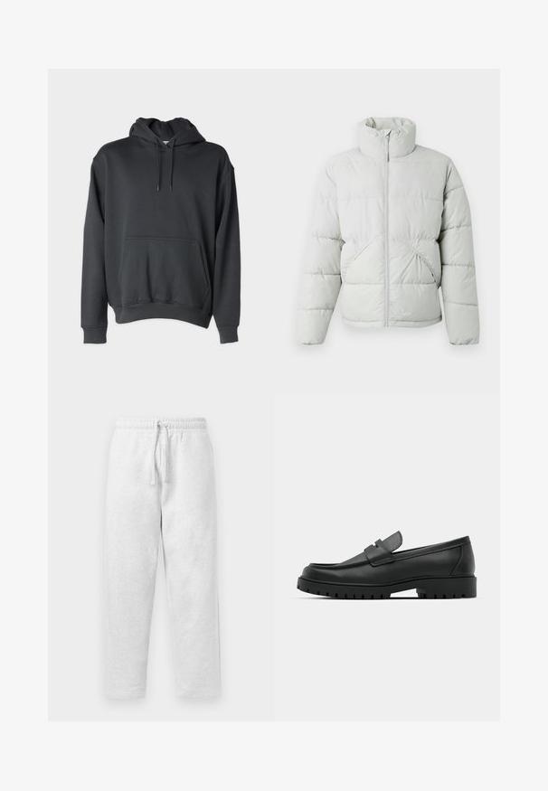 Only & Sons ONSPACK LIFE PUFFER JACKET OTW VD - Talvitakki - vapor blue; Tummaharmaa huppari, joka on valmistettu pehmeästä kankaasta. Siinä on etutasku, nyörit hupussa ja ribbaus hihansuissa ja helmassa.; Harmaat collegehousut pehmeästä kankaasta, joissa on joustava vyötärönyöri ja rento istuvuus.; Musta nahkaloafers, joissa on pyöreä kärki, ommeltu pinta, matala alusta ja kuvioitu, kuminen ulkopohja.