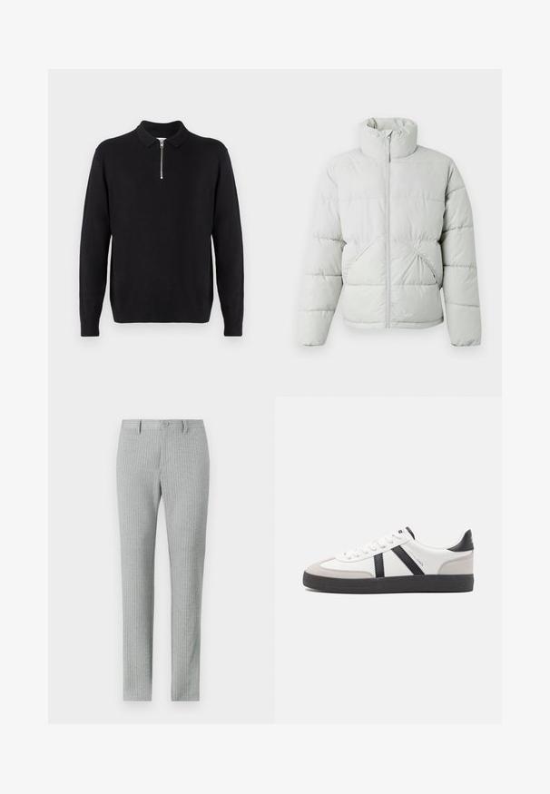 Only & Sons ONSPACK LIFE PUFFER JACKET - Veste d'hiver - vapor blue; Pull noir à col zippé, à manches longues, avec des poignets et un ourlet côtelés, fabriqué dans un tissu doux et lisse.; Pantalon gris clair avec un motif de rayures verticales, coupe ajustée, fermeture à bouton et passants de ceinture. Texture de tissu lisse, sans poches.; Baskets blanches avec des accents noirs et gris, présentant un embout texturé gris, une semelle en caoutchouc noir et des lacets plats blancs. Design épuré, style minimaliste.