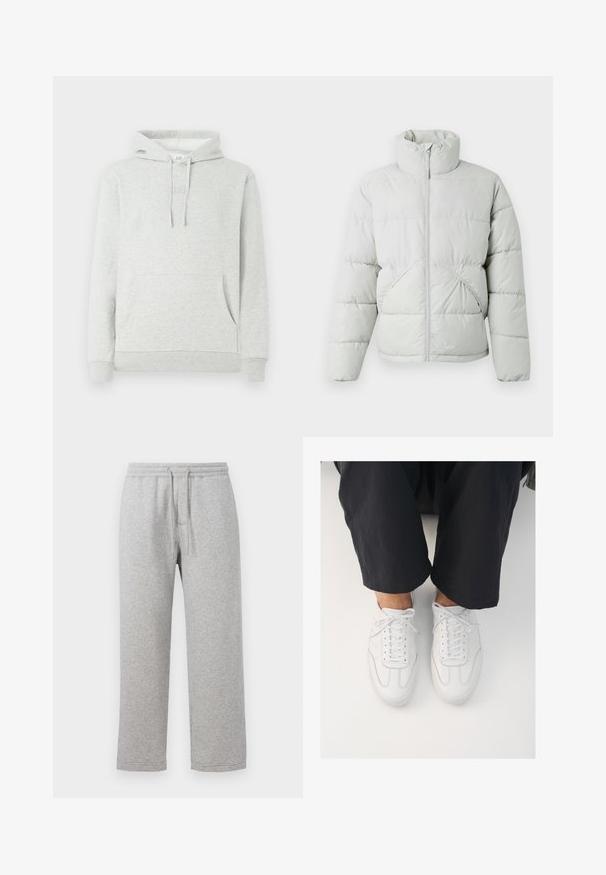 Only & Sons ONSPACK LIFE PUFFER - Winterjas - vapor blue; Lichtgrijze hoodie met een trekkoordkap, voorzak, ribgebreide manchetten en zoom, met een subtiele logo-embossing op de borst.; Grijze katoenen sweatpants met een elastische tailleband en trekkoord. Rechtoe rechtaan pijpontwerp met gestikte zomen en geen zakken.; Witte leren sneakers met een gladde textuur, ronde neus en klassiek vetersysteem, gepositioneerd boven donkere, losse broeken.