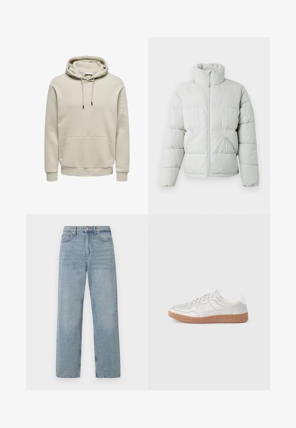 Only & Sons ONSPACK LIFE PUFFER JACKET OTW VD - Vinterjakker - vapor blue; Beige hættetrøje med snore, kængurulomme, ribkanter ved ærmer og kant, vist på hvid baggrund.; Lys blå denim jeans med høj talje, lige ben-design, fem-lommes styling og subtil falming for et slidt udseende.; Sølv sneakers med en glat overflade, snørebånd, perforerede detaljer og en struktureret brun gummi sål.