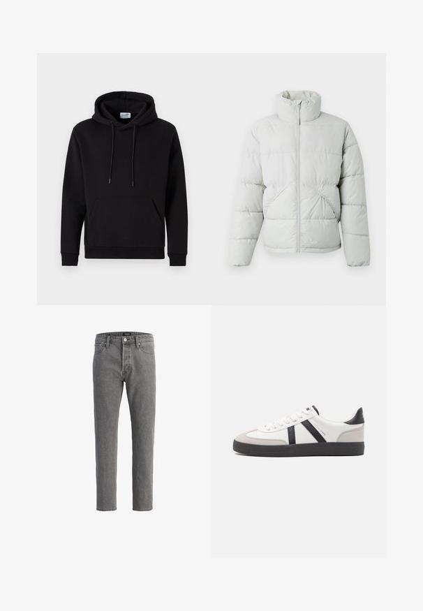 Only & Sons ONSPACK LIFE PUFFER JACKET - Veste d'hiver - vapor blue; Haut à capuche noir en tissu riche en coton, avec une poche avant, un capuche à cordon de serrage et des poignets côtelés. Design simple et décontracté.; Jean en denim gris avec une coupe droite, design à cinq poches et fermeture à bouton en métal. Le tissu a une finition douce et texturée.; Baskets blanches avec des accents noirs et gris, présentant un embout texturé gris, une semelle en caoutchouc noir et des lacets plats blancs. Design épuré, style minimaliste.