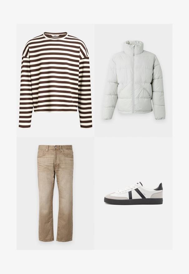 Only & Sons ONSPACK LIFE PUFFER JACKET - Vinterjakker - vapor blue; Brun og creme stribet langærmet top med en rund halsudskæring, ribbet tekstur og sænkede skuldersømme, der har en cropped pasform.; Beige denim jeans med lige ben, der har fem lommer, en knaplukning og subtile falmninger i stoffet.; Hvide sneakers med sorte og grå detaljer, med en tekstureret grå tåhætte, sort gummisål og flade hvide snørebånd. Rent design, minimalistisk stil.