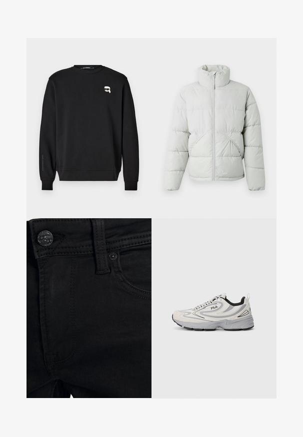 Only & Sons ONSPACK LIFE PUFFER JACKET OTW VD - Vinterjakker - vapor blue; Sort sweatshirt med rund halsudskæring, ribbede manchetter og smæk. Har et lille grafisk motiv på brystet og mærkets navn trykt påærmet.; Sorte denim jeans med en glat tekstur, der har en metalknap og tonede syninger. Sidelommen er synlig nær taljen.; Hvide og grå FILA løbesko med sort sål, snørebåndslukning og bølgepaneldetaljer på siderne.