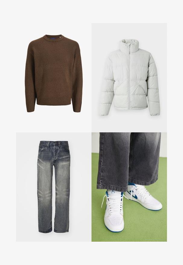 Only & Sons ONSPACK LIFE PUFFER JACKET - Veste d'hiver - vapor blue; Pull marron en maille avec col rond, manches longues, et poignets et ourlet côtelés, présenté sur fond blanc.; Jean en denim bleu foncé avec une coupe décontractée, présentant des zones de décoloration, cinq poches et une fermeture à bouton. Design à jambe droite ; tissu texturé.; Baskets montantes blanches avec des accents bleus, boîtier perforé, et lacets blancs. Portées avec un pantalon en denim gris ample sur une surface verte.