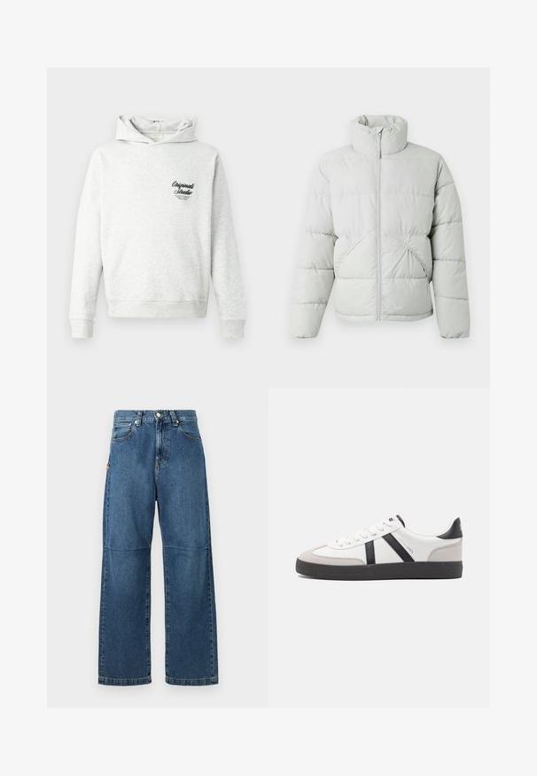 Only & Sons ONSPACK LIFE PUFFER JACKET OTW VD - Vinterjakker - vapor blue; Lysegrå hættetrøje med kengurulomme, ribstrikkede manchetter og kant. Har en sort "Originals Studio" grafik på venstre bryst.; Blå denim jeans med afslappet pasform, lige ben, synlige sømme og lukkes med en knap foran. Har en sidelomme med accent.; Hvide sneakers med sorte og grå detaljer, med en tekstureret grå tåhætte, sort gummisål og flade hvide snørebånd. Rent design, minimalistisk stil.