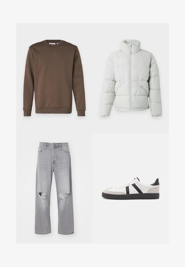 Only & Sons ONSPACK LIFE PUFFER - Vinterjakker - vapor blue; Only & Sons ONSCERES CREW NECK - Sweatshirt - major brown; Lys grå denim jeans med høj talje, brede ben og slidte knæ-huller; klassisk fem-lomme design og metalknaplukning.; Hvide sneakers med sorte og grå detaljer, med en tekstureret grå tåhætte, sort gummisål og flade hvide snørebånd. Rent design, minimalistisk stil.