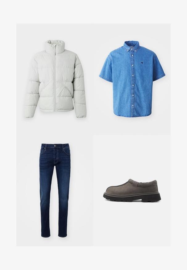 Only & Sons ONSPACK LIFE PUFFER JACKET OTW VD - Zimná bunda - vapor blue; Džínová košeľa s krátkym rukávom v svetlomodrej farbe s golierom na gombíky, ktorá má náprsné logo a výrazné švy.; Tmavomodré úzke deniminové džínsy s predným gombíkom, vreckami, pútkami na opasok a jemnými detaily vyblednutia na nohách.; Šedá nazúvacia obuv s textúrovaným vrchom, vybavená hladkou špičkou, gumovou podrážkou a jemným logom na bočnej strane.