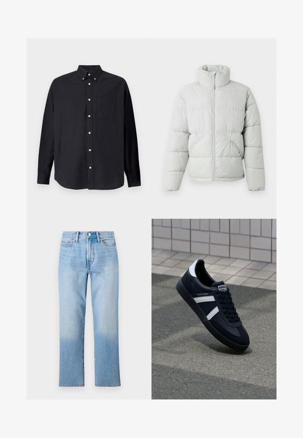 Only & Sons ONSPACK LIFE PUFFER JACKET OTW VD - Talvitakki - vapor blue; Musta pitkähihainen paita, joka on valmistettu puuvillasta. Siinä on nappikaulus, etulokero ja täysi nappilista vaalean värisillä napeilla.; Vaaleansiniset farkut, joissa on suora lahje, haalistunut pesu, perinteinen viisi-taskuinen muotoilu ja klassinen nappisulku.; Mustat nahkakengät valkoisilla raidoilla, teksturoitu kumipohja ja nauha edessä. Varustettu merkkitarralla kielen päällä.