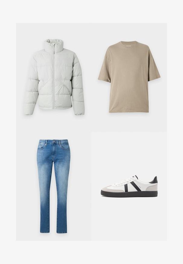 Only & Sons ONSPACK LIFE PUFFER JACKET OTW VD - Winterjas - vapor blue; Beige t-shirt met korte mouwen, gemaakt van zachte katoen, met een ronde hals en een ontspannen pasvorm, met een gladde textuur en minimale details.; Blauwe jeans met rechte pijpen, mid-rise taille, knoop- en ritssluiting en klassiek ontwerp met vijf zakken.; Witte sneaker met zwarte en grijze accenten, voorzien van een grijze neus met textuur, zwarte rubberen zool en platte witte veters. Schoon ontwerp, minimalistische stijl.