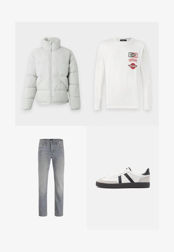 Only & Sons ONSPACK LIFE PUFFER JACKET OTW VD - Winterjacke - vapor blue; Weißes Langarmshirt mit drei roten und schwarzen Aufnähern auf der linken Brust: "REPLAY", "SPECIALIST" und ein geflügeltes V-Logo.; Hellgraue Denim-Jeans mit geradem Bein, fünf Taschen und klassischem Knopfverschluss. Glatte Stoffstruktur und sauberes Finish.; Weiße Sneaker mit schwarz- und grau-aczenten, ausgestattet mit einer strukturierten grauen Zehenkappe, schwarzer Gummi-Sohle und flachen weißen Schnürsenkeln. Sauberes Design, minimalistische Stil.