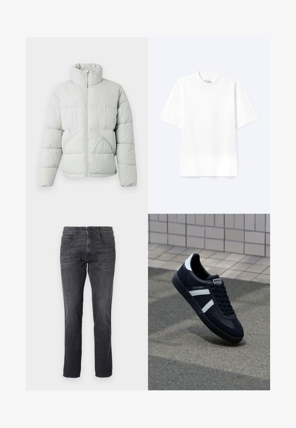 Only & Sons ONSPACK LIFE PUFFER - Zimná bunda - vapor blue; Jednoduché biele tričko s krátkym rukávom a okrúhlym výstrihom v uvoľnenom strihu, zobrazené na svetlom pozadí.; Tmavošedé džínsy vyrobené z denimu, s klasickým piatym vreckovým dizajnom, rovný strih a kovové zapínanie na gombík v páse.; Čierne kožené tenisky s bielymi pruhmi, textúrovanou gumovou podrážkou a šnurovaním vpredu. Obsahujú označenie značky na jazyku.