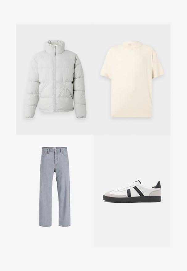 Only & Sons ONSPACK LIFE PUFFER JACKET - Veste d'hiver - vapor blue; T-shirt beige uni à manches courtes avec col rond, présenté à plat sur fond gris clair.; Jean en denim bleu clair avec une coupe décontractée,à jambe droite, coutures visibles, deux poches avant et fermeture par bouton.; Baskets blanches avec des accents noirs et gris, présentant un embout texturé gris, une semelle en caoutchouc noir et des lacets plats blancs. Design épuré, style minimaliste.