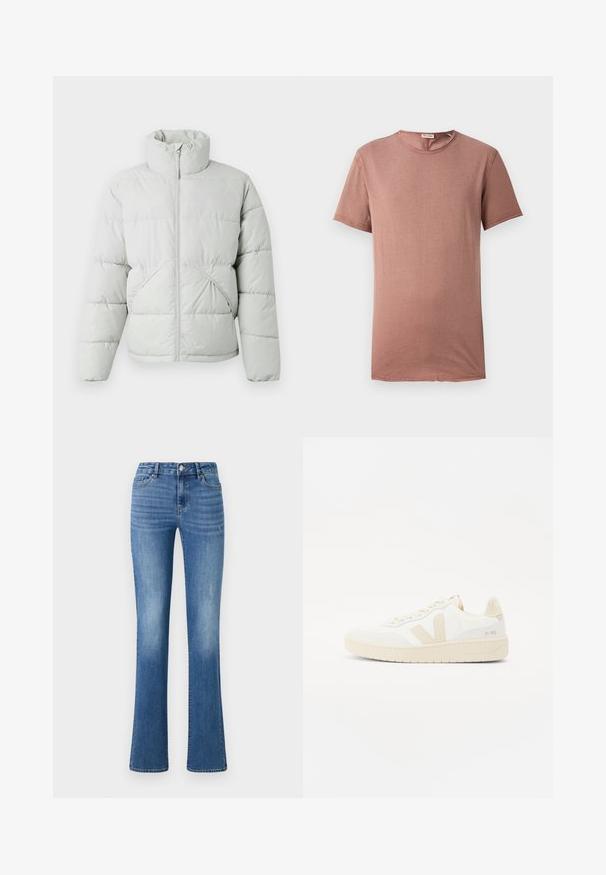 Only & Sons ONSPACK LIFE PUFFER JACKET OTW VD - Winterjas - vapor blue; Korte mouwen, crew-neck t-shirt in grijzige roos. Zachte stof met minimale details en een rechte snit, geschikt voor casual kleding.; ONLY ONLWAUW MID WAIST - Slim fit jeans - medium blue denim; Witte sneaker met beige accenten, voorzien van een gestructureerde bovenkant, ronde neus en een dikke rubberen zool. Het ontwerp bevat het iconische V-logo en merkbranding.