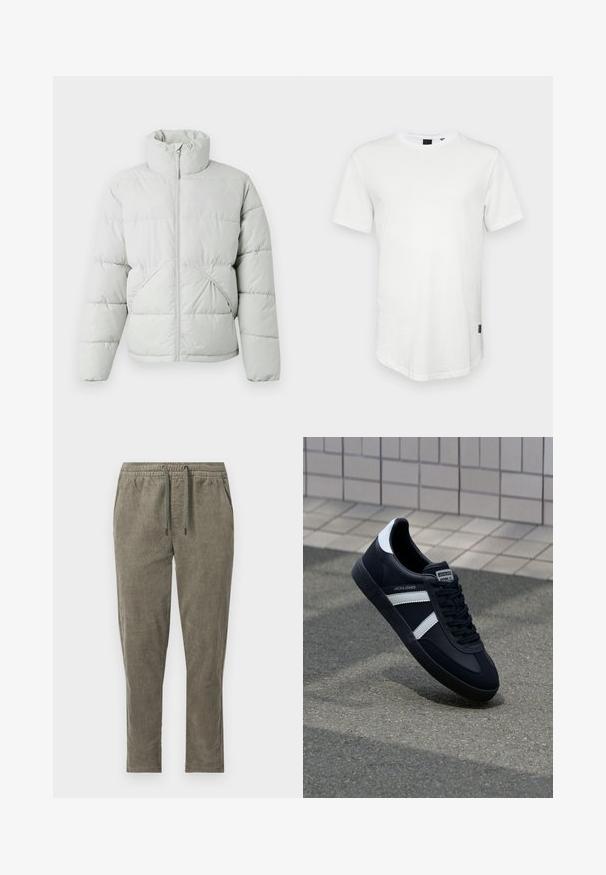Only & Sons ONSPACK LIFE PUFFER JACKET - Veste d'hiver - vapor blue; T-shirt blanc à manches courtes en coton, avec un col rond et un dos légèrement allongé, arborant un petit logo sur le côté.; Pantalon en velours côtelé vert olive avec taille élastique et cordon, avec poches latérales et coupe droite.; Sneaker en cuir noir avec des rayures blanches, semelle en caoutchouc texturée et devant à lacets. Présente une étiquette de marque sur la languette.