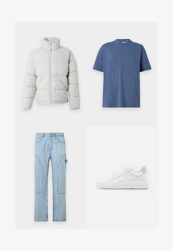 Only & Sons ONSPACK LIFE PUFFER JACKET - Zimná bunda - vapor blue; Modrá krátkodesivá tričko vyrobené z jemnej bavlny, s okrúhlym výstrihom a voľným strihom, s minimálnymi švovými detailmi.; Svetlomodré džínsy cargo s rovnými nohavicami, ktoré majú veľké bočné vrecká, kontrastné švy a zapínanie na gombík v páse.; Biele kožené tenisky s hladkým povrchom, zaoblenou špičkou, plochými šnúrkami a textúrovanou podrážkou. Sivý semišový akcent na päte.