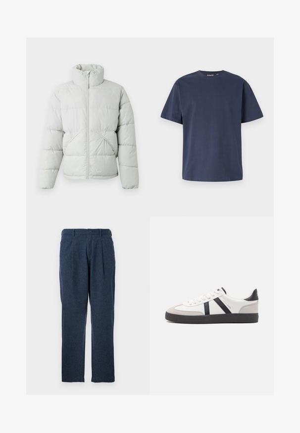 Only & Sons ONSPACK LIFE PUFFER JACKET - Zimná bunda - vapor blue; Námornícka modrá bavlnená tričko s okrúhlym výstrihom a krátkymi rukávmi. Hladká textúra, rovný strih a minimálne švy, ktoré poskytujú klasický dizajn.; Tmavomodré nohavice vyrobené z textúrovanej látky, vybavené prešitím, zapínaním na gombík a rovnými nohavicami.; Biele tenisky s čiernymi a šedými akcentmi, s textúrovanou šedou špičkou, čiernou gumovou podrážkou a plochými bielymi šnúrkami. Čistý dizajn, minimalistický štýl.