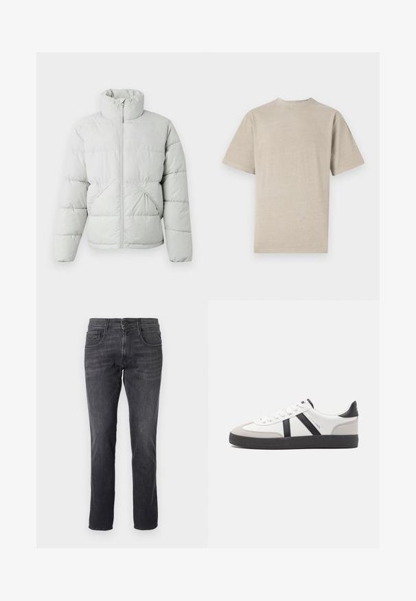 Only & Sons ONSPACK LIFE PUFFER JACKET OTW VD - Vinterjakker - vapor blue; Kortærmet T-shirt i lys beige med rund hals, lavet af blødt stof, med en glat tekstur og et enkelt design uden grafik.; Mørkegrå jeans lavet af denim, med et klassisk fem-lomme design, lige pasform og metalknaplukning i taljen.; Hvide sneakers med sorte og grå detaljer, med en tekstureret grå tåhætte, sort gummisål og flade hvide snørebånd. Rent design, minimalistisk stil.