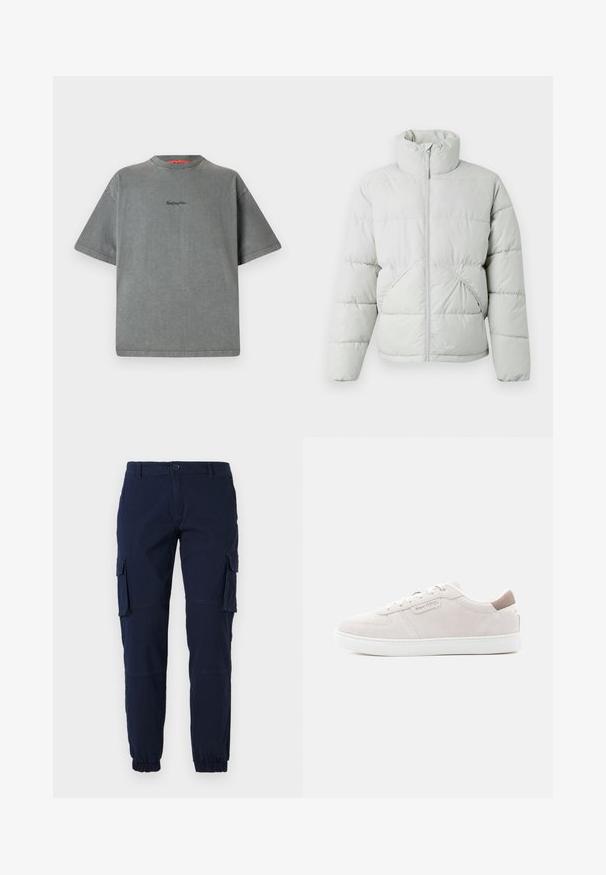 Only & Sons ONSPACK LIFE PUFFER JACKET OTW VD - Winterjacke - vapor blue; Replay Inc. T-Shirt basic - stoned grey; Marine Cargo-Hosen mit elastischen Bündchen, mehreren Seitentaschen und einem Reißverschluss. Hergestellt aus einem strapazierfähigen Stoff mit glatter Textur.; Hellrosa Wildleder-Sneaker mit weißer Gummisohle, einem gesteppten Design sowie einem kleinen Logodetail an der Seite und an der Ferse.
