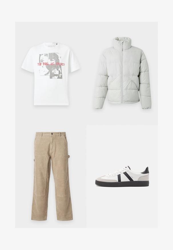 Only & Sons ONSPACK LIFE PUFFER JACKET OTW VD - Vinterjakker - vapor blue; Hvid bomulds T-shirt med et grafisk print af ansigter og teksten "THE ROLLING STONES" i rød. Rund hals og korte ærmer.; Beige kordfløjlsbukser med lige ben, der har sidelommer og forstærkede knælapper. Tekstilerne har en struktureret overflade med lodrette ribbede mønstre.; Hvide sneakers med sorte og grå detaljer, med en tekstureret grå tåhætte, sort gummisål og flade hvide snørebånd. Rent design, minimalistisk stil.