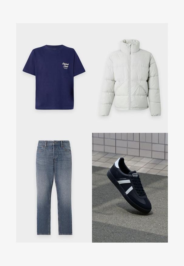 Only & Sons ONSPACK LIFE PUFFER JACKET - Winterjacke - vapor blue; Dunkelblaues Baumwoll-T-Shirt mit kurzen Ärmeln, Rundhals und kleinen weißen Textgrafiken auf der linken Vorderseite. Einfaches, einfarbiges Design.; Dunkelblaue Jeans aus Denim, mit geradem Bein, versehen mit einer ausgeblichenen Waschung, fünf Taschen und kupferfarbener Hardware. Sauberer, klassischer Look.; Schwarze Leder-Sneaker mit weißen Streifen, strukturiertem Gummisohle und Schnürung. Verfügt über ein Markenetikett auf der Zunge.