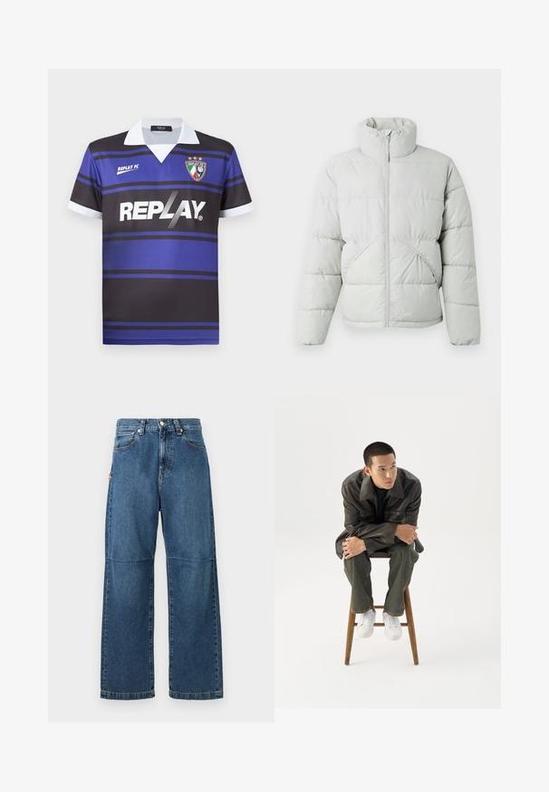 Only & Sons ONSPACK LIFE PUFFER JACKET OTW VD - Winterjacke - vapor blue; Schwarz-blaues Fußballtrikot mit horizontalen Streifen, weißem Kragen und "REPLAY"-Logo. Mit einem Wappensymbol mit Sternen darüber.; Blaue Jeans aus Denim mit entspannter Passform, geraden Beinen, sichtbarem Nähen und einem vorderen Knopfverschluss. Verfügt über eine Seitentasche mit einem Akzent.; Junger Mann in dunkler Lederjacke und Jeans sitzt auf einem Holzstuhl, lehnt sich mit verschränkten Armen nach vorne und schaut seitlich vor weißem Hintergrund.