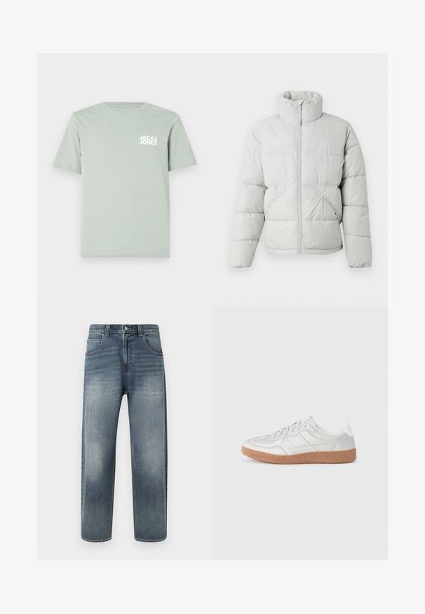 Only & Sons ONSPACK LIFE PUFFER JACKET - Winterjas - vapor blue; Lichtgroene katoenen T-shirt met een ronde halslijn en korte mouwen. Voorzien van een wit logo "JACK & JONES" dat op de linkerborst is gedrukt.; Lichtblauwe denim jeans met een rechte snit, voorzien van vijf zakken, een ritssluiting en subtiele vervaging op de pijpen. Afgewerkt met stikaccenten.; Zilveren sneakers met een gladde textuur, vetersluiting, geperforeerde accenten en een gestructureerde bruine rubberen zool.