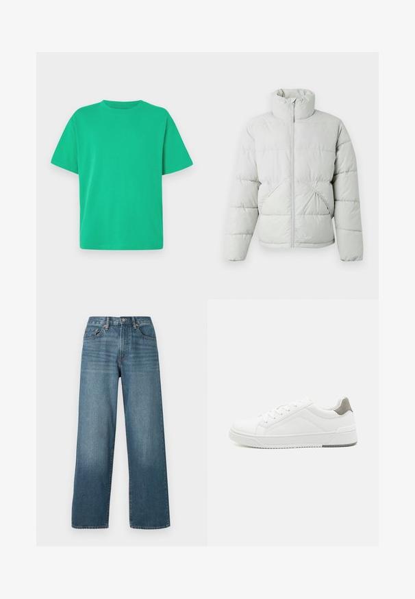 Only & Sons ONSPACK LIFE PUFFER JACKET - Talvejope - vapor blue; Roheline lühikeste varrukatega T-särk, mis on valmistatud pehmest kangast; omaduseks on ümar kaelus ja vabalt istuv lõige; sile tekstuur, ilma mustrite või aktsentideta.; Laiad tumepruunid denimpüksid, millel on nööbikeerme, vöökohad ja kulunud tekstuur. Omab viit taskut ja kontrastset pistmist.; Valge tenniseking sileda nahaga, ümar varvas, minimalistlik disain, hall kand, ja tekstureeritud kummist tald.