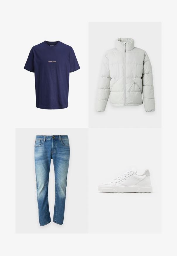 Only & Sons ONSPACK LIFE PUFFER JACKET OTW VD - Winterjacke - vapor blue; Navyblaue Baumwoll-T-Shirt mit kurzen Ärmeln, rundem Ausschnitt und orange besticktem Text „Originals Studio“ vorne in der Mitte.; Blaue ausgewaschene gerade Jeans mit fünf Taschen, Knopfverschluss und sichtbaren Nahtdetails auf der Vorderseite.; Weiße Leder-Sneaker mit glatter Oberfläche, rundem Zehenbereich, flachen Schnürsenkeln und strukturiertem Schuhsohlen. Graues Wildleder-Detail an der Ferse.