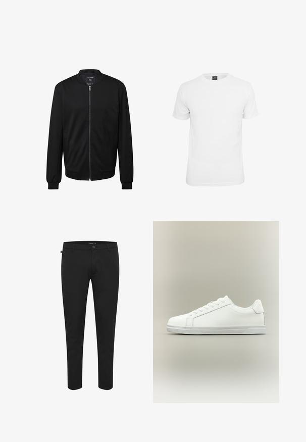 Chaqueta bomber negra hecha de tela suave con cremallera frontal, cuello acanalado y puños. Cuenta con bolsillos laterales y un diseño minimalista.; Camiseta blanca de manga corta, fabricada en algodón, con un cuello redondo y una textura suave, diseñada para el uso casual.; Pantalones negros de tela suave. Cuentan con un cierre de botón, pasadores para cinturón y un diseño ajustado con perneras estrechas. Sin patrones visibles.; Zapatilla blanca de caña baja con cordones al frente y suela de goma texturizada sobre un fondo neutro y sencillo.