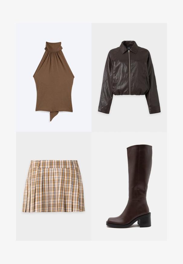 Dark brown faux leather jacket with front zipper, long sleeves, elastic hem, and pointed collar on a light background.; Sleeveless brown halter neck top with gathered high collar and asymmetric pointed hem hanging flat on a white background.; Beige, brown, and blue plaid pleated mini skirt with waistband and belt loops on a white background.; Dark brown knee-high leather boot with a rounded square toe and a thick block heel on a white background.