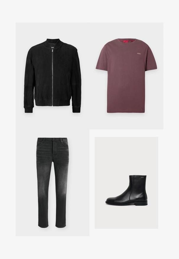 Sort ruskinds bomberjakke med lynlås foran, ribbet krave og manchetter, to sidelommer og en glat tekstur. Enkel og minimalistisk design.; Burgundy T-shirt med korte ærmer, lille "HUGO"-logo på venstre bryst og rød indvendig nakkeetiket.; Sorte skinny-fit jeans med falmede detaljer, fem-lomme-stil og knaplukning i taljen.; Sort glat læderankelstøvle med lav hæl og sidelukning med lynlås, mærket Hugo nær den øverste kant.